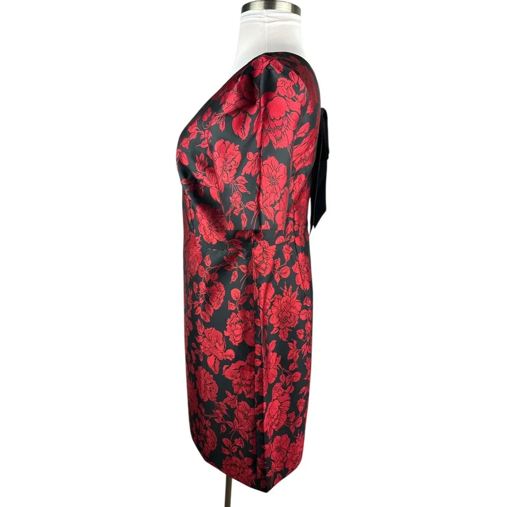 NWT Talbots Back Bow Floral Jacquard A-Line Dress Red Black Lined Zip Size 14 - Picture 6 of 16